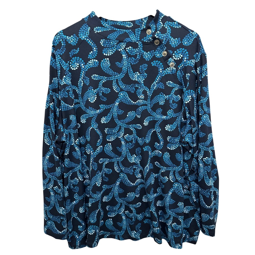 Susan Graver Print Mock Neck Button Shoulder‎ Long Sleeve Tunic Top 3X